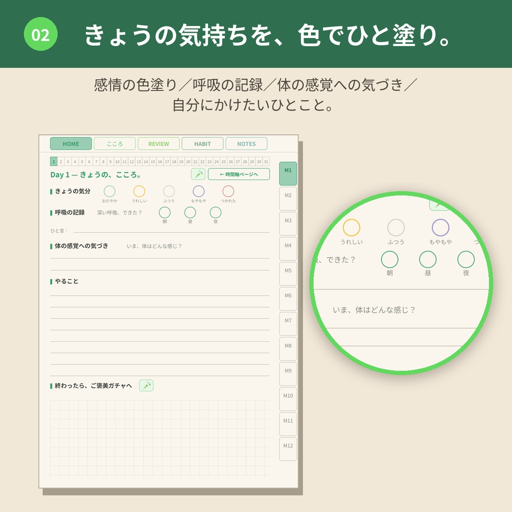 心を整えるデジタルプランナー【パステルグリーン】GoodNotes対応PDF|ADHDの方にも使いやすい|全ページリンク888ページ|こころの記録・ご褒美ガチャつき手帳