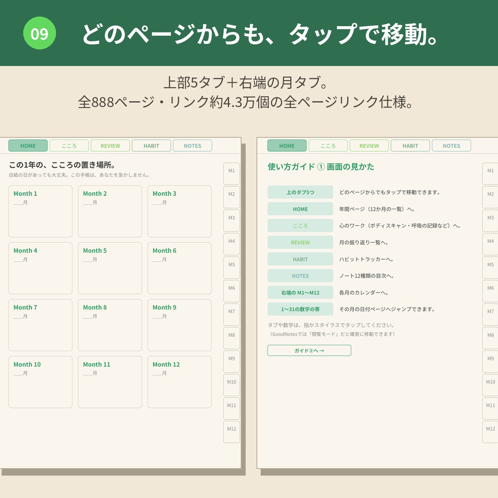 心を整えるデジタルプランナー【パステルグリーン】GoodNotes対応PDF|ADHDの方にも使いやすい|全ページリンク888ページ|こころの記録・ご褒美ガチャつき手帳