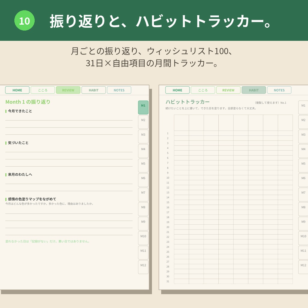心を整えるデジタルプランナー【パステルグリーン】GoodNotes対応PDF|ADHDの方にも使いやすい|全ページリンク888ページ|こころの記録・ご褒美ガチャつき手帳