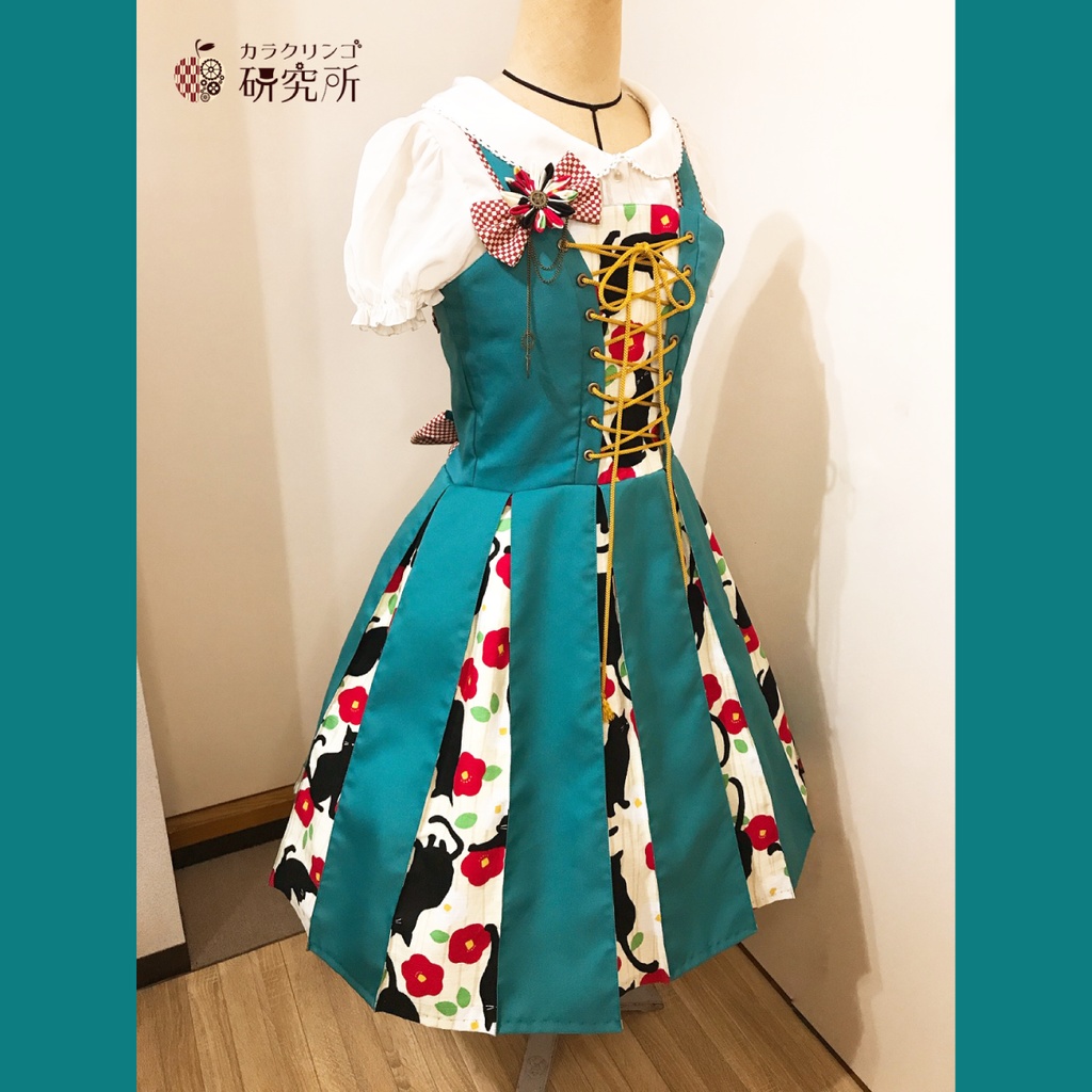 大正浪漫ジャンパースカート(浅葱色-黒猫と椿のタンゴ-)