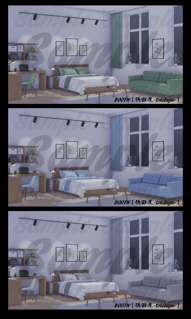 【背景イラスト】ナチュラルインテリアのワンルーム(時間差分有り)