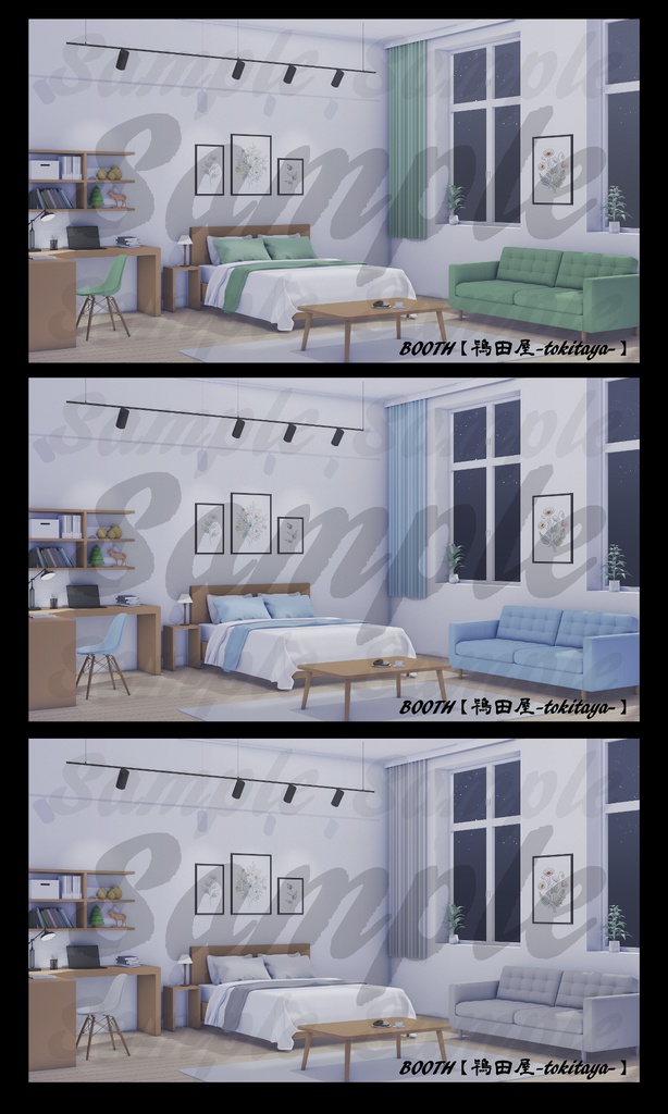 【背景イラスト】ナチュラルインテリアのワンルーム(時間差分有り)