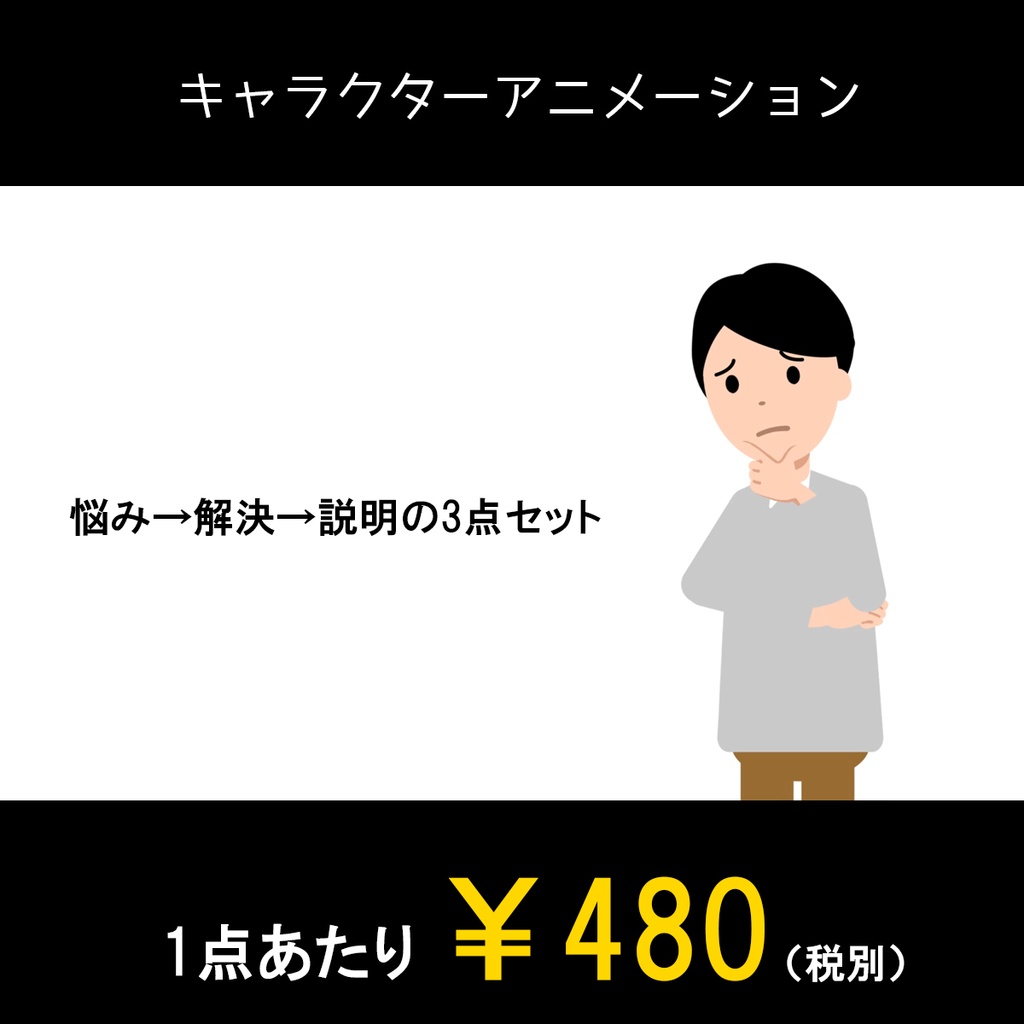 シンプル男性　悩み→解決→説明の動画３点セット