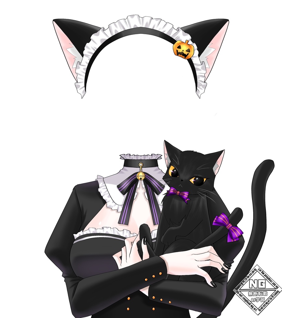 ハロウィン素材第4弾🎃黒猫を抱っこする黒猫メイド衣装素材【VTuber素材】【無償素材】(透過素材)