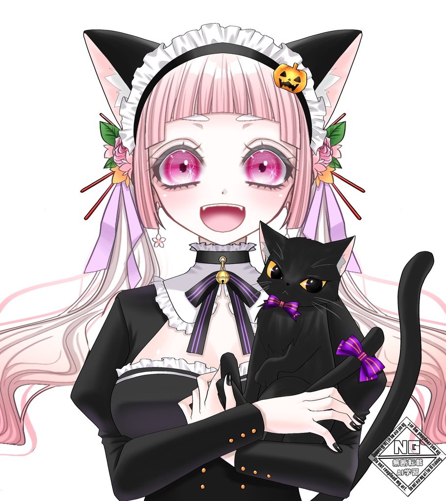 ハロウィン素材第4弾🎃黒猫を抱っこする黒猫メイド衣装素材【VTuber素材】【無償素材】(透過素材)