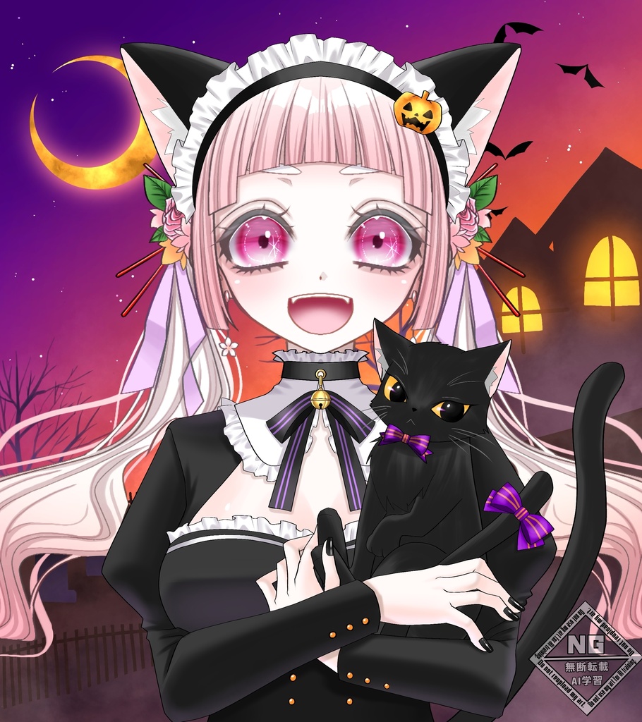ハロウィン素材第4弾🎃黒猫を抱っこする黒猫メイド衣装素材【VTuber素材】【無償素材】(透過素材)