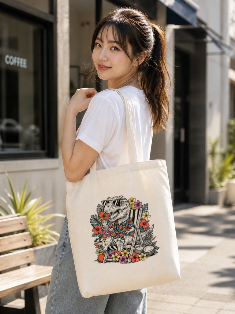 「Vacation T-Rex トートバッグ」 〜南国で一番くつろいでる恐竜〜