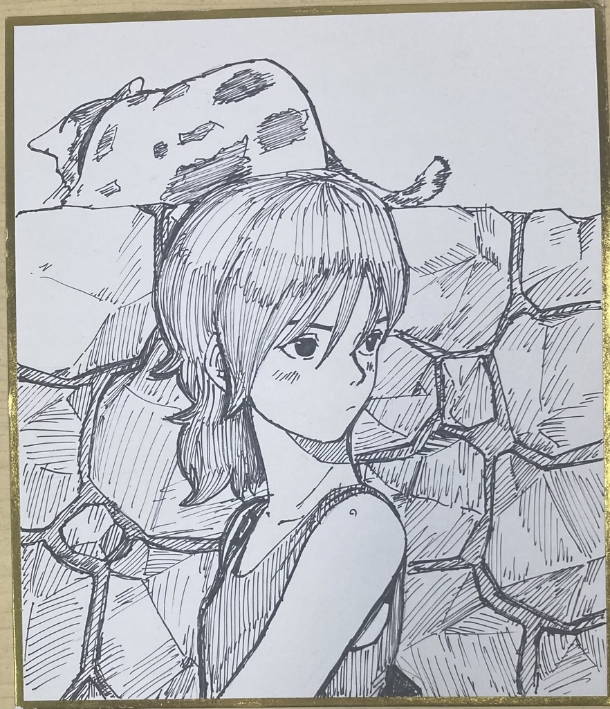 ペン画大　猫と少女