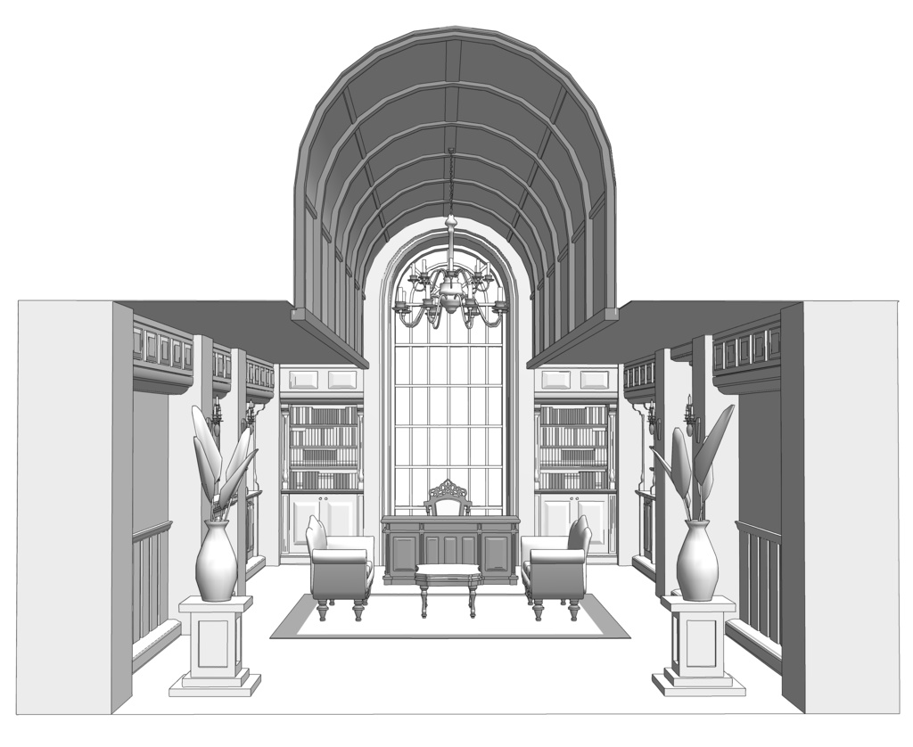 大きなアーチ窓の書斎