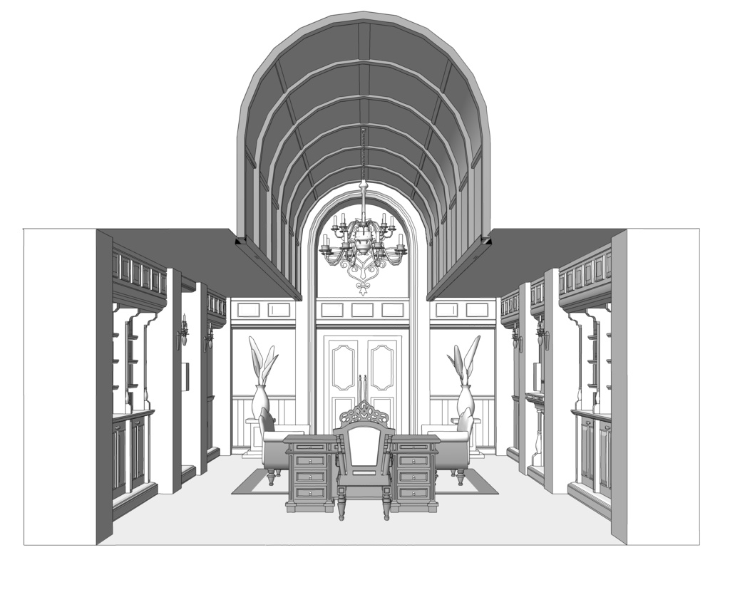 大きなアーチ窓の書斎