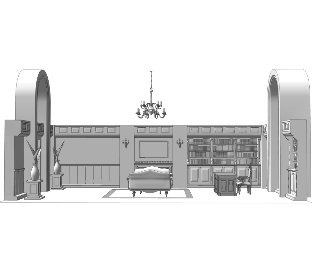 大きなアーチ窓の書斎