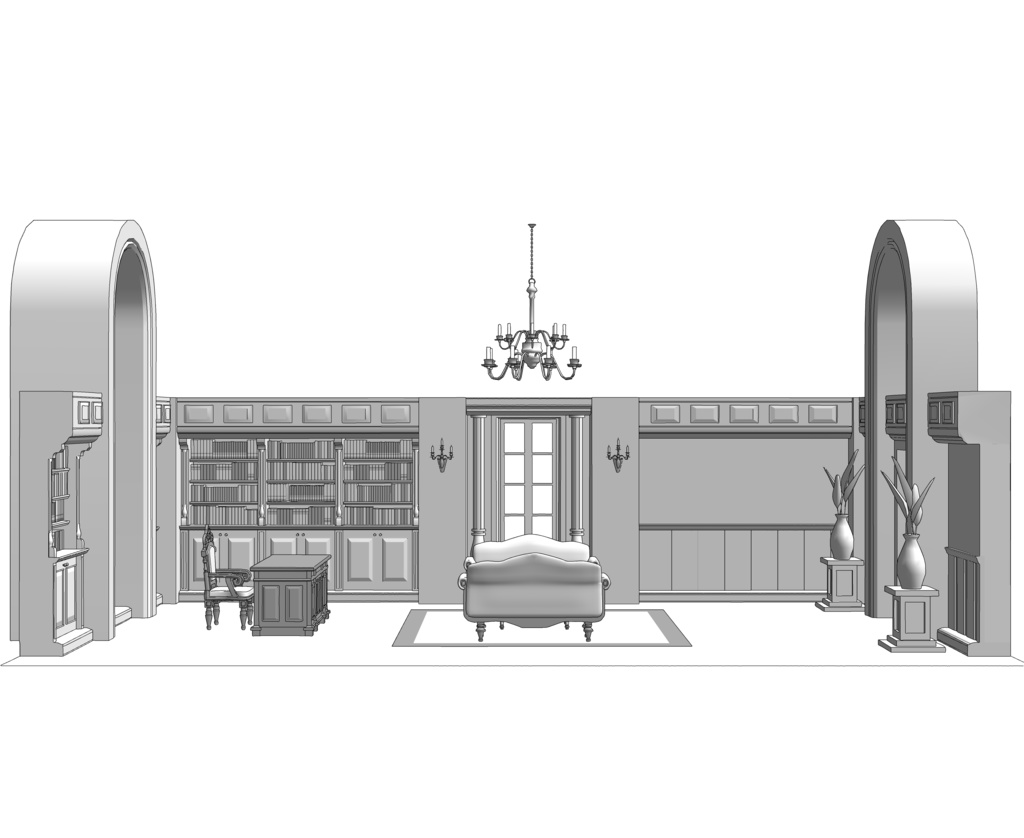 大きなアーチ窓の書斎
