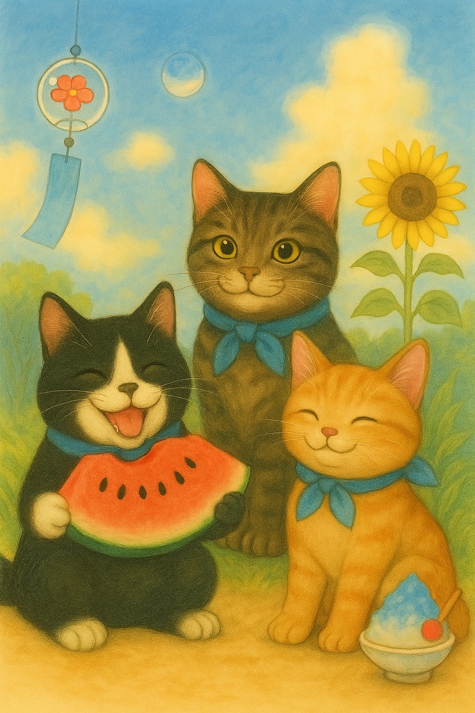 【夏の癒し】スイカと猫たちのほんわかイラスト｜Summer Cats with Watermelon