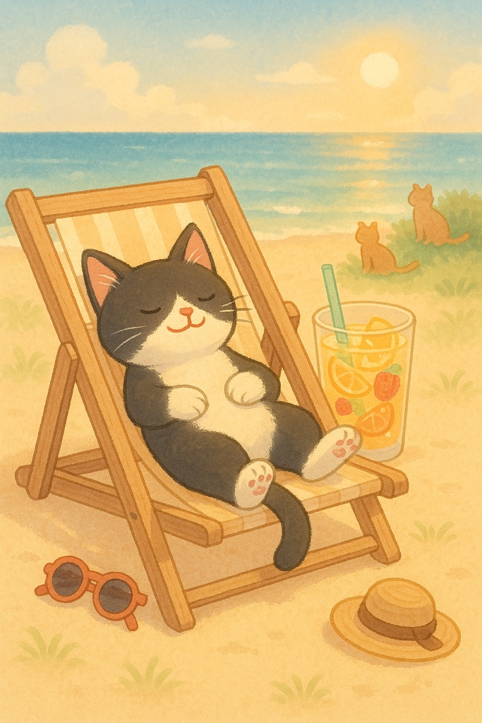 海辺でおひるねするねこ