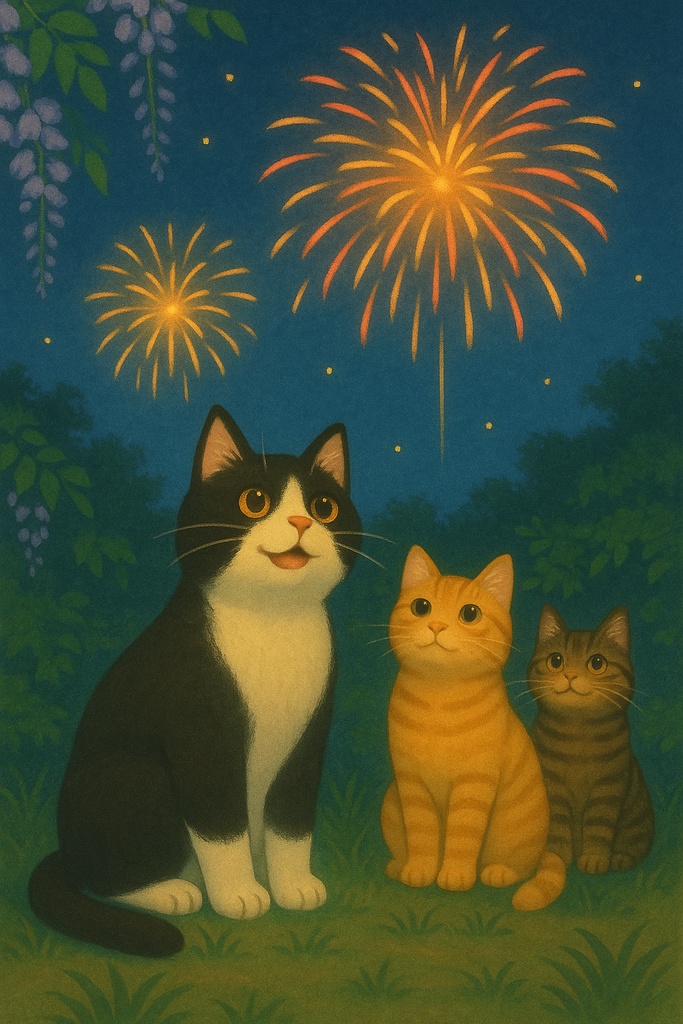 花火を見上げる3匹のねこたち【夏の癒し】