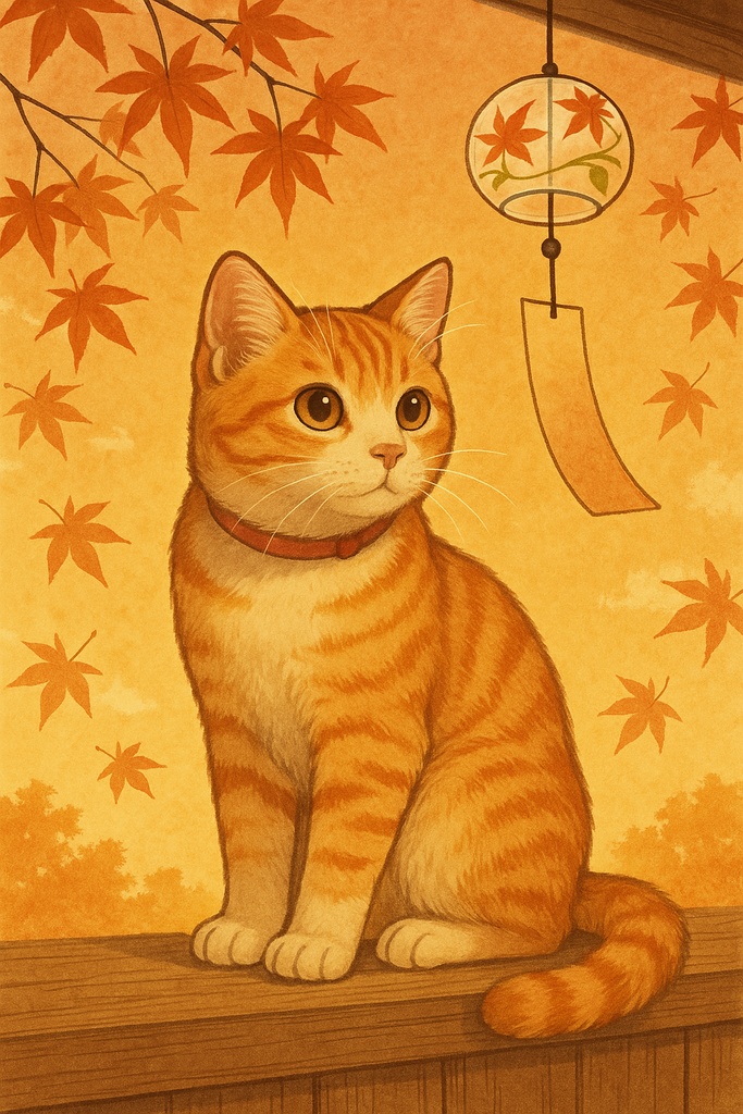    秋風に耳をすますとらのすけ｜癒しの茶トラ猫イラスト  