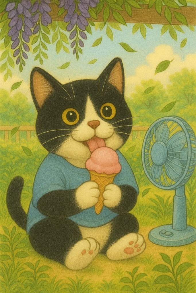 【夏のふうた】アイスぺろぺろ黒白ねこイラスト／癒しのハチワレ