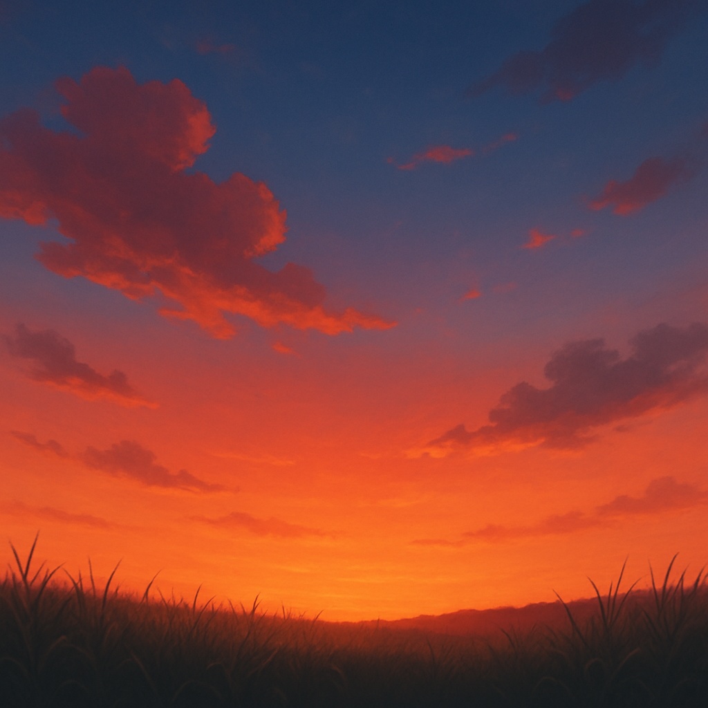夕焼けと草原の背景イラスト（文字なし・自然風景素材）    