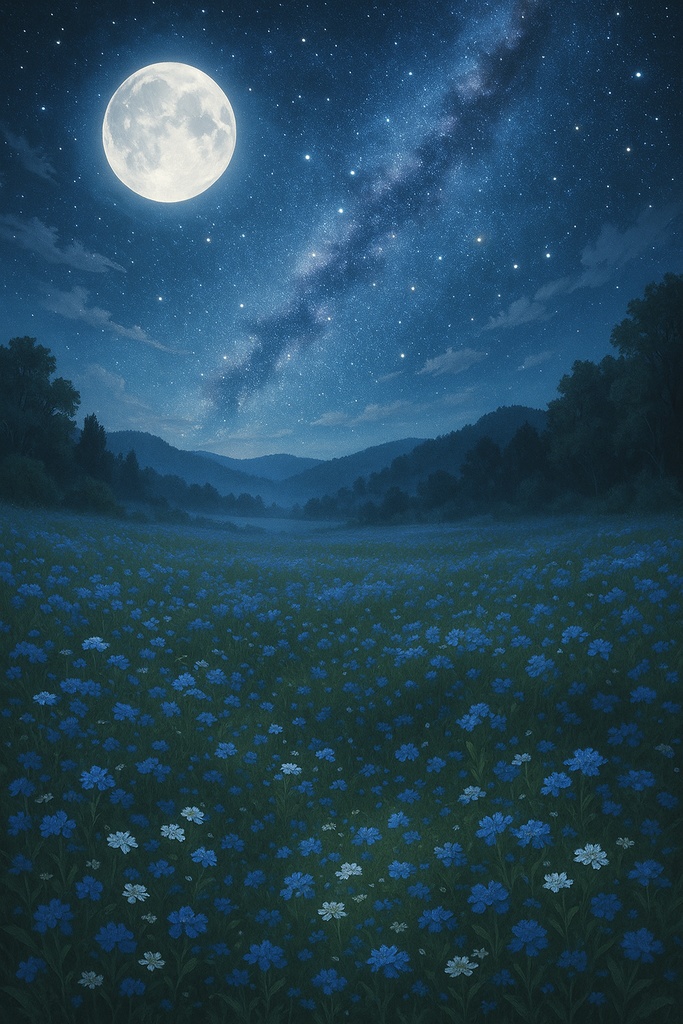 満月と星降る夜の花畑【癒し系・幻想風景】