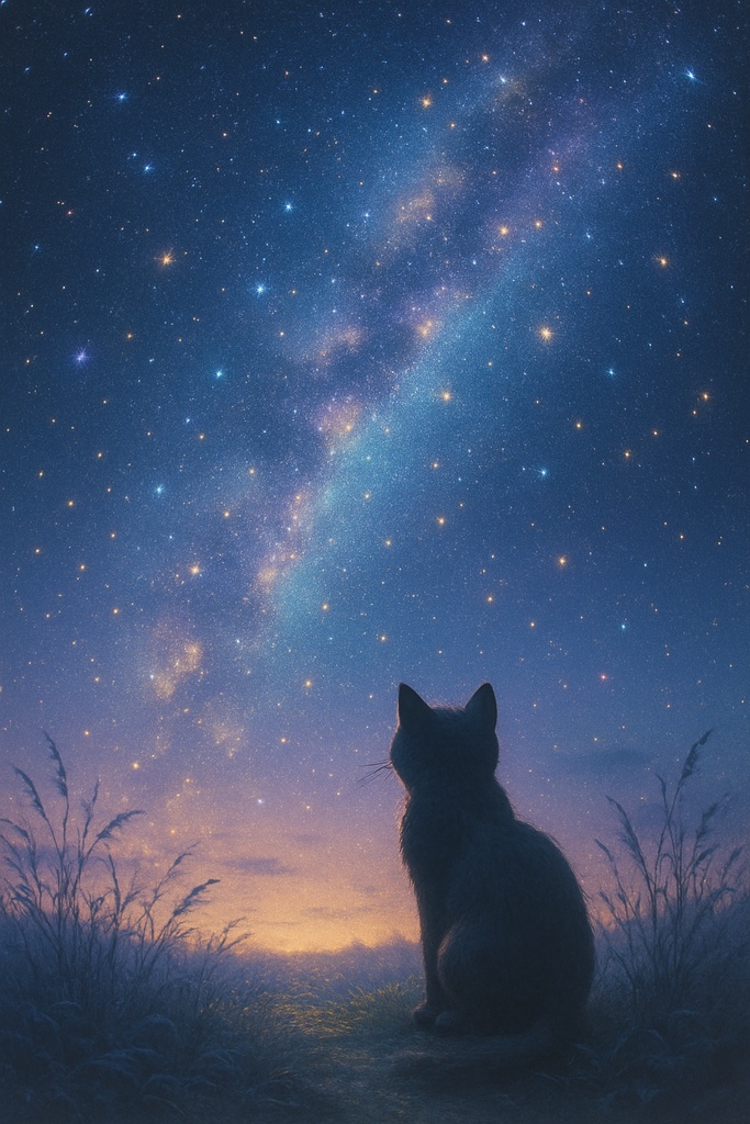 星空を見上げる猫と天の川【癒し系・幻想風景】