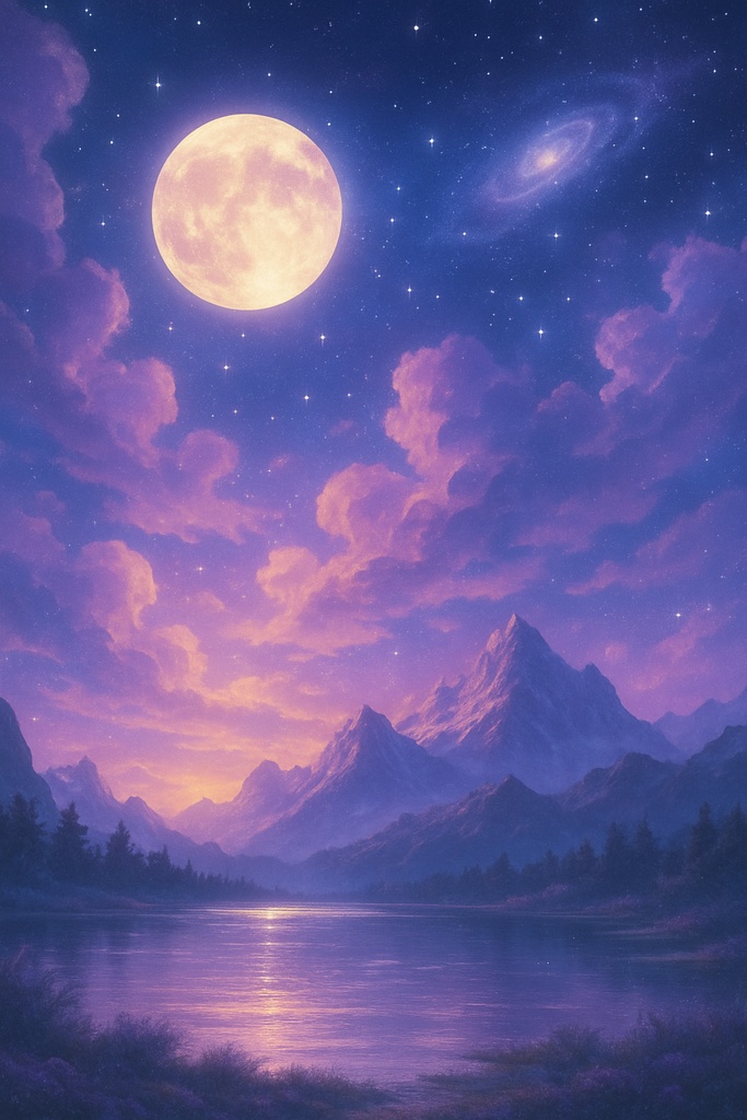 満月と紫色の夜空に包まれた山【癒し系・幻想風景】