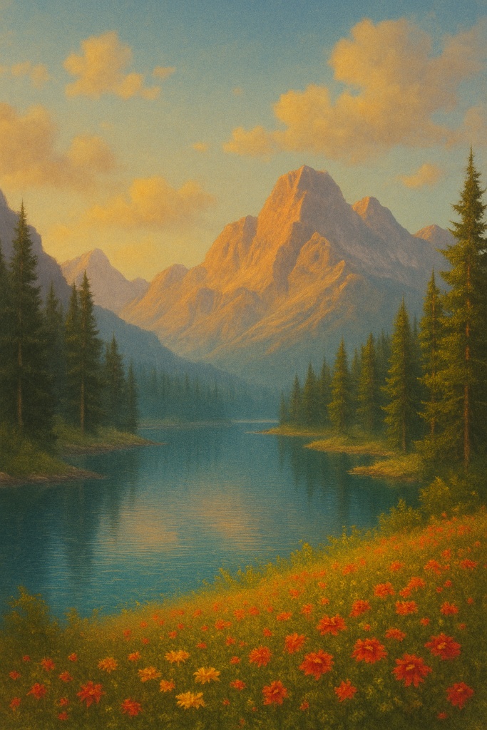 花畑と湖、朝日に輝く山々【癒し系・自然風景】