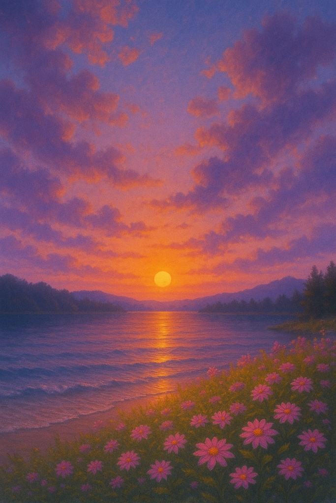 コスモス咲く湖畔の夕暮れ【癒し系・幻想的風景】