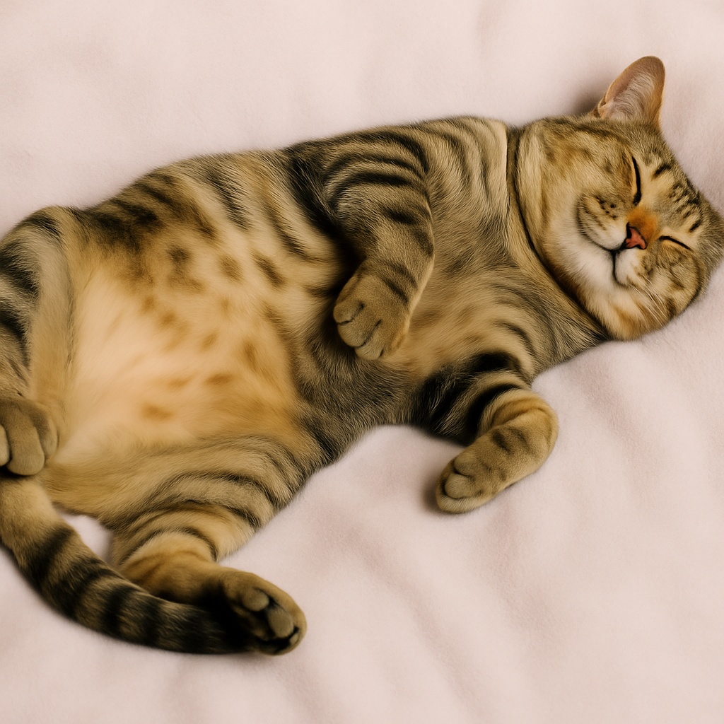 おなかを見せて眠るキジトラ猫【AI生成フォト風イラスト】