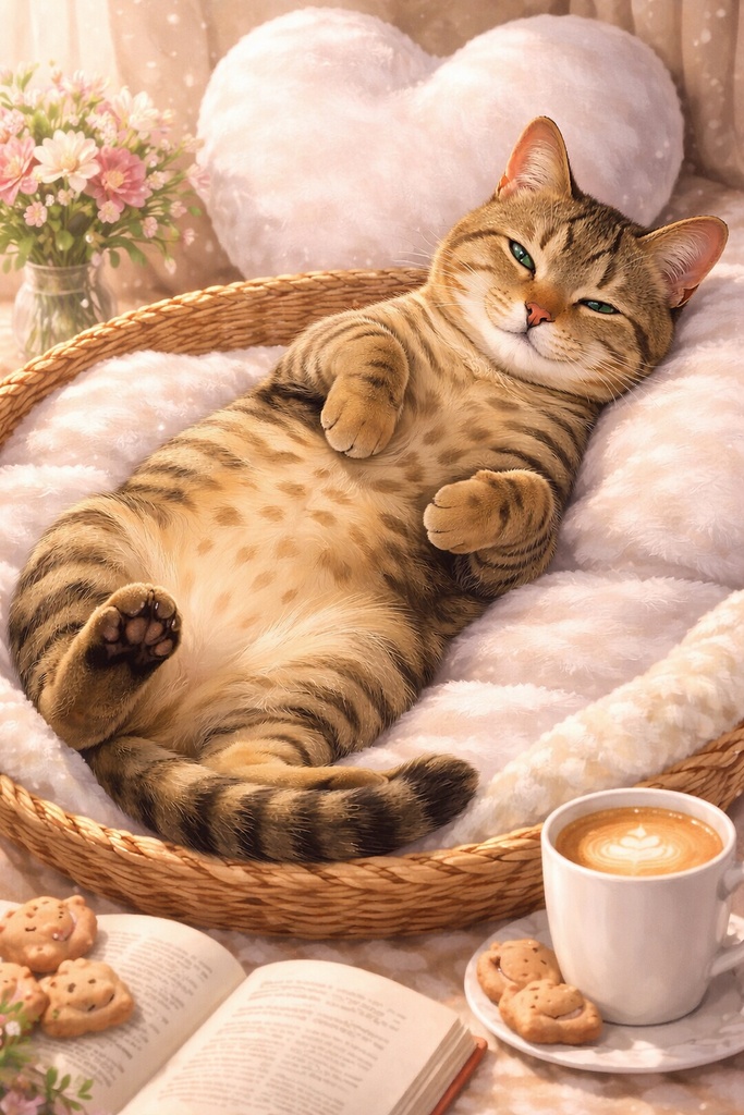 おなかを見せて眠るキジサバ猫「チョコ」癒しの猫イラスト