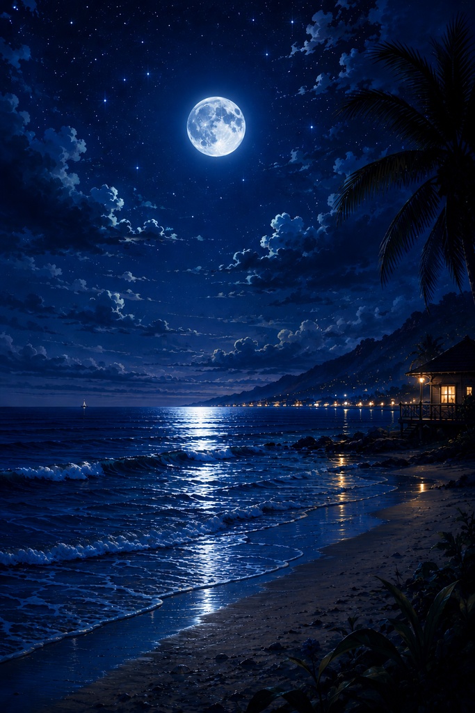 【満月と静かな夜の海】癒しの月夜壁紙