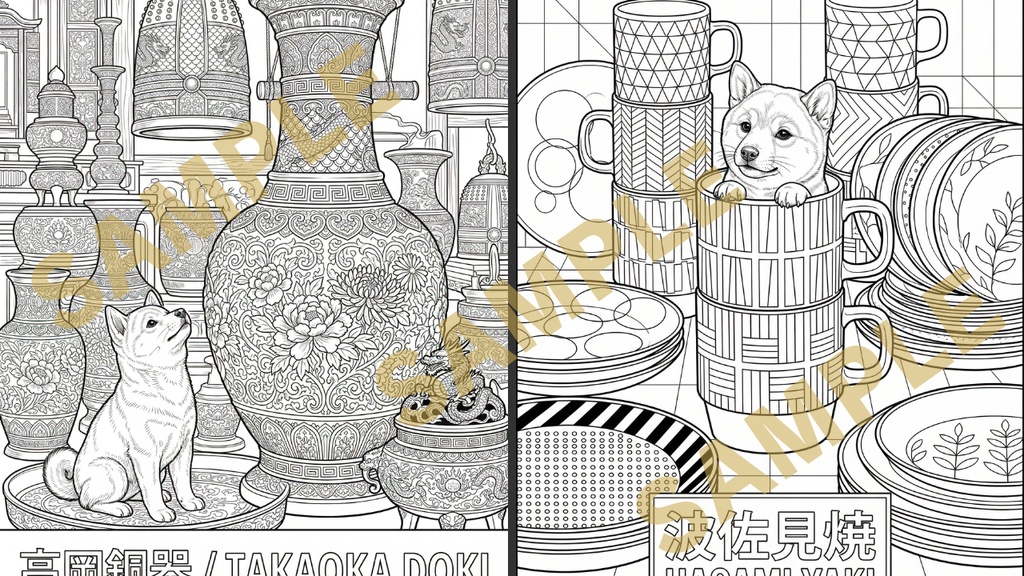 豆ちゃんの日本伝統工芸塗り絵 — お試し5枚セット