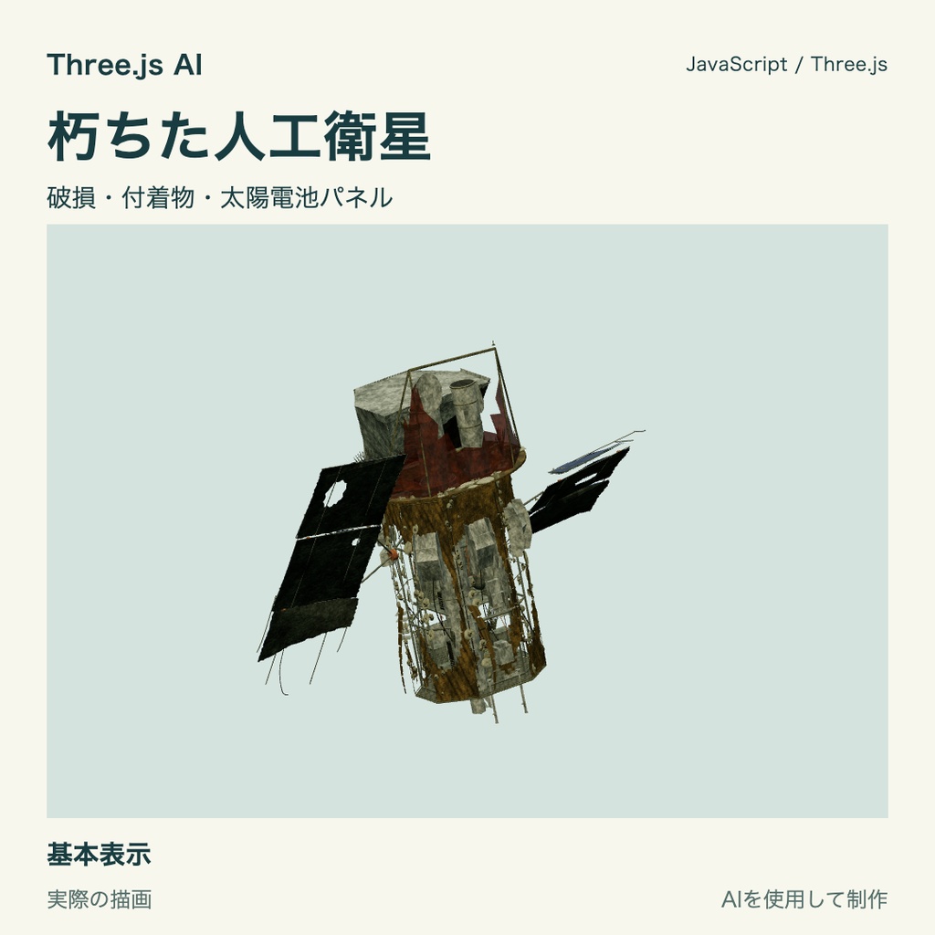 【無料】Three.js用 朽ちた人工衛星と浮上時の泡・波紋・信号｜JS・動作確認HTML付き｜AI生成・AI利用可