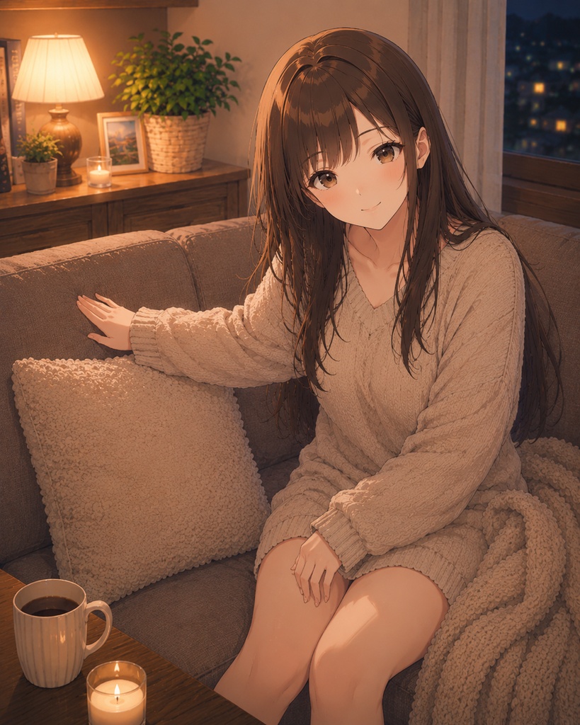 夜のリビングで過ごす癒し彼女イラスト集 Vol.1 / Cozy Living Room Illustration Set