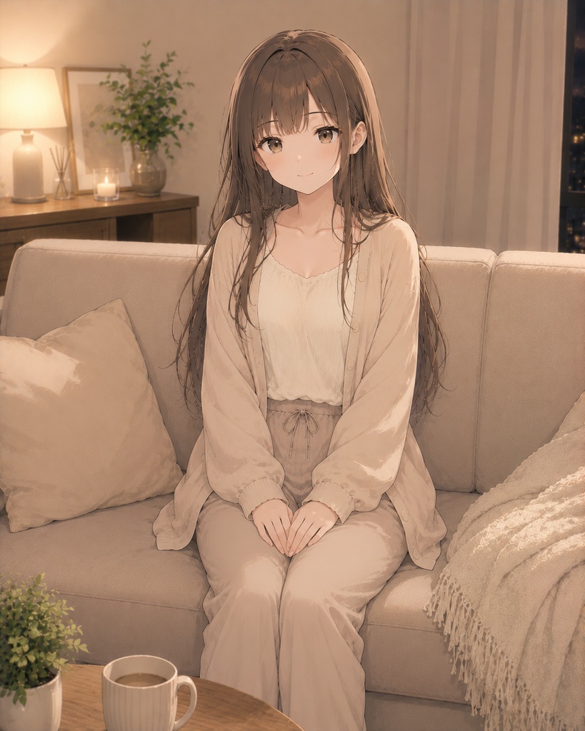 夜のリビングで過ごす癒し彼女イラスト集 Vol.1 / Cozy Living Room Illustration Set