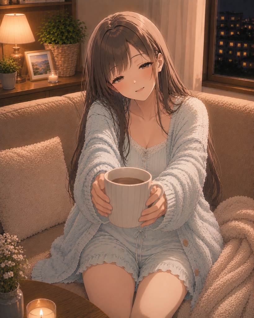 夜のリビングで過ごす癒し彼女イラスト集 Vol.1 / Cozy Living Room Illustration Set