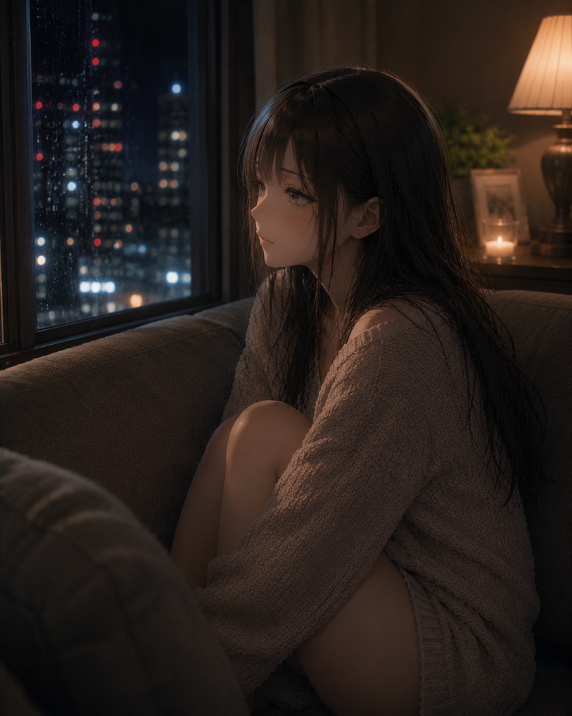 夜のリビングで過ごす癒し彼女イラスト集 Vol.1 / Cozy Living Room Illustration Set