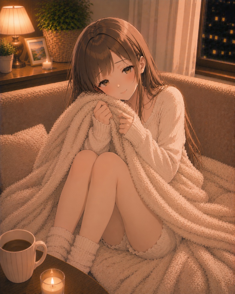 夜のリビングで過ごす癒し彼女イラスト集 Vol.1 / Cozy Living Room Illustration Set
