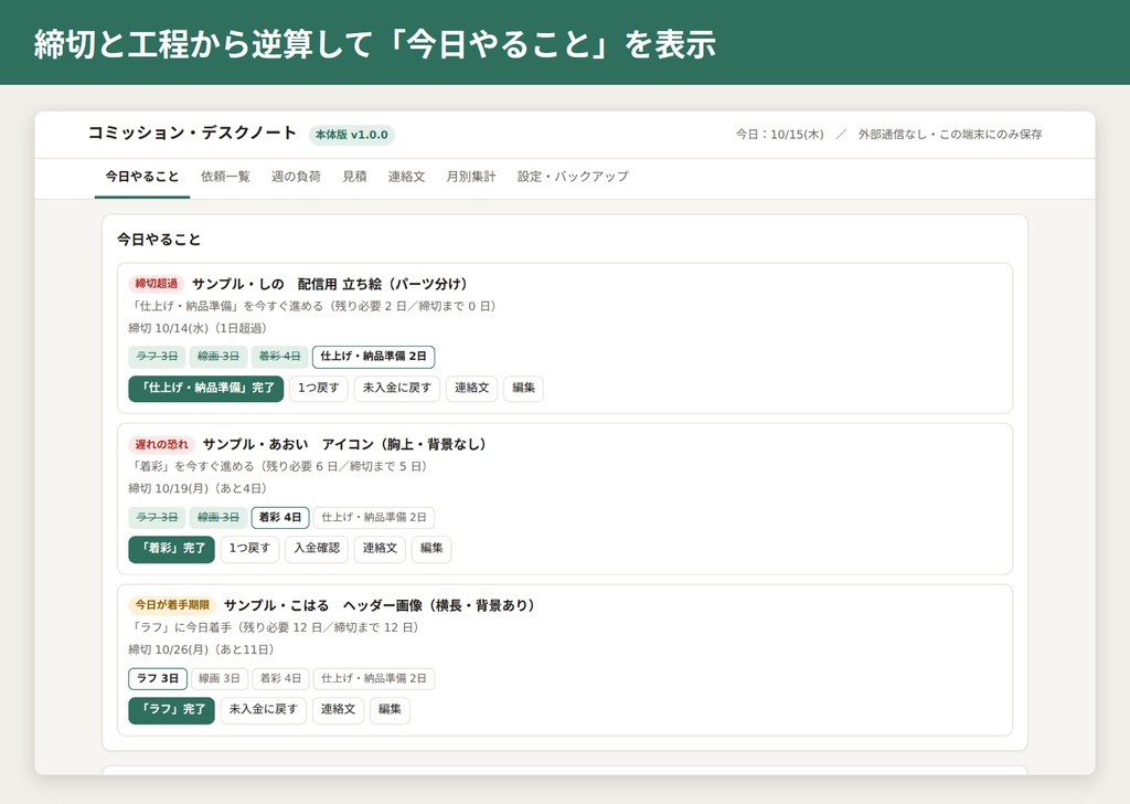 コミッション・デスクノート|締切から逆算して"今日やること"がわかる依頼進行ツール【HTMLファイル1個・オフライン】