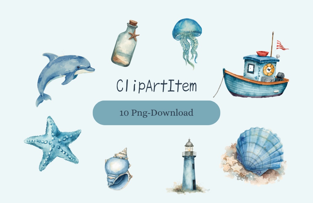水彩・水色アンティーク海シリーズクリップアート（10点セット）