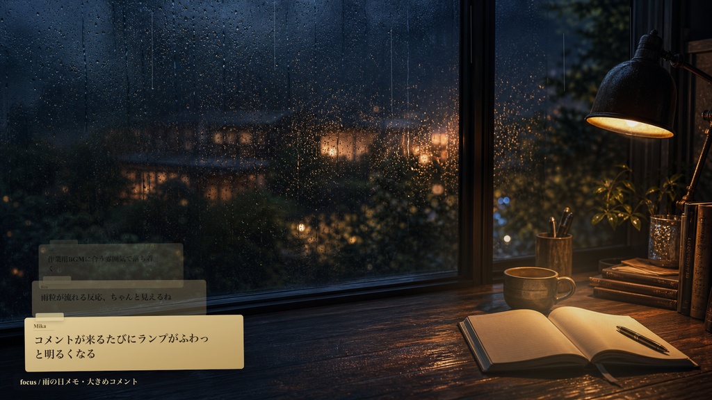 雨の日の書斎コメントオーバーレイ｜OBS・わんコメ対応テンプレート