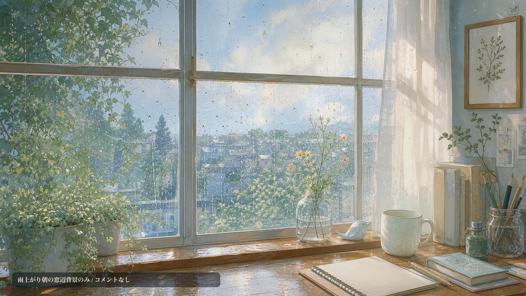 雨上がり朝の窓辺コメントオーバーレイ|OBS・わんコメ対応テンプレート
