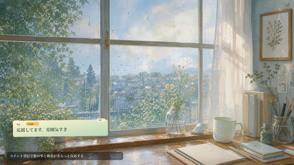 雨上がり朝の窓辺コメントオーバーレイ|OBS・わんコメ対応テンプレート