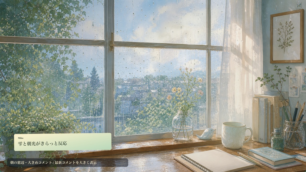 雨上がり朝の窓辺コメントオーバーレイ｜OBS・わんコメ対応テンプレート