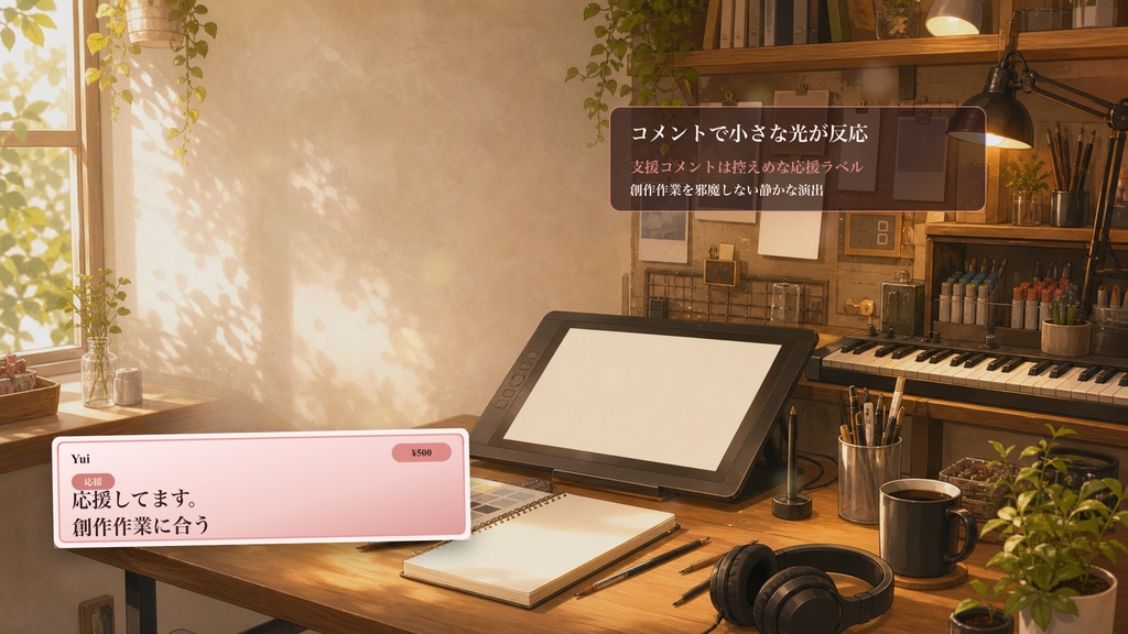 クリエイター作業机コメントオーバーレイ|OBS・わんコメ対応テンプレート