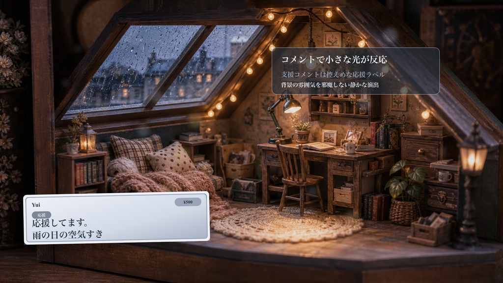 雨の日の屋根裏ドールハウスコメントオーバーレイ|OBS・わんコメ対応テンプレート