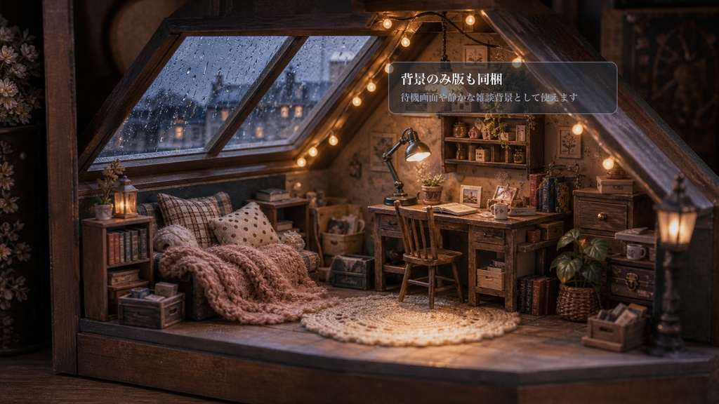 雨の日の屋根裏ドールハウスコメントオーバーレイ|OBS・わんコメ対応テンプレート