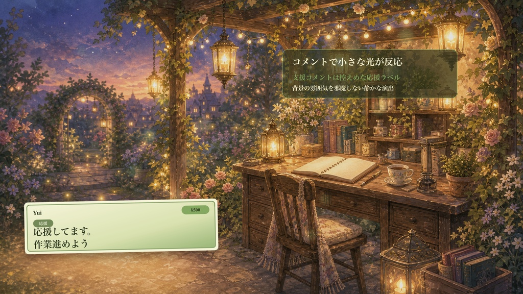 ランタン庭園の作業机コメントオーバーレイ|OBS・わんコメ対応テンプレート