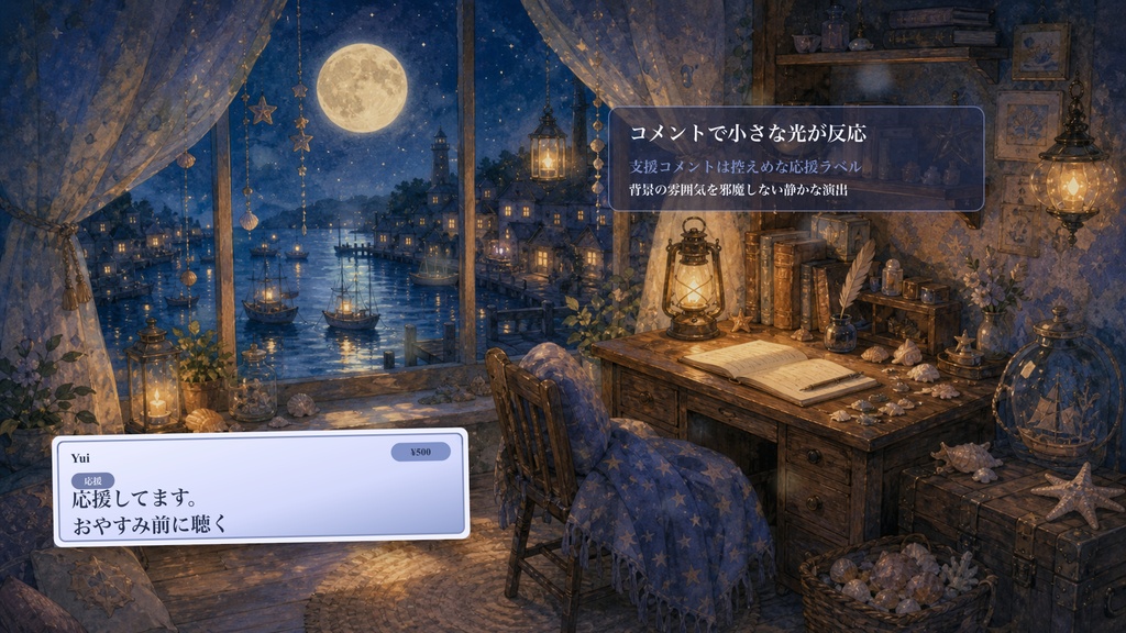 月夜の港部屋コメントオーバーレイ|OBS・わんコメ対応テンプレート