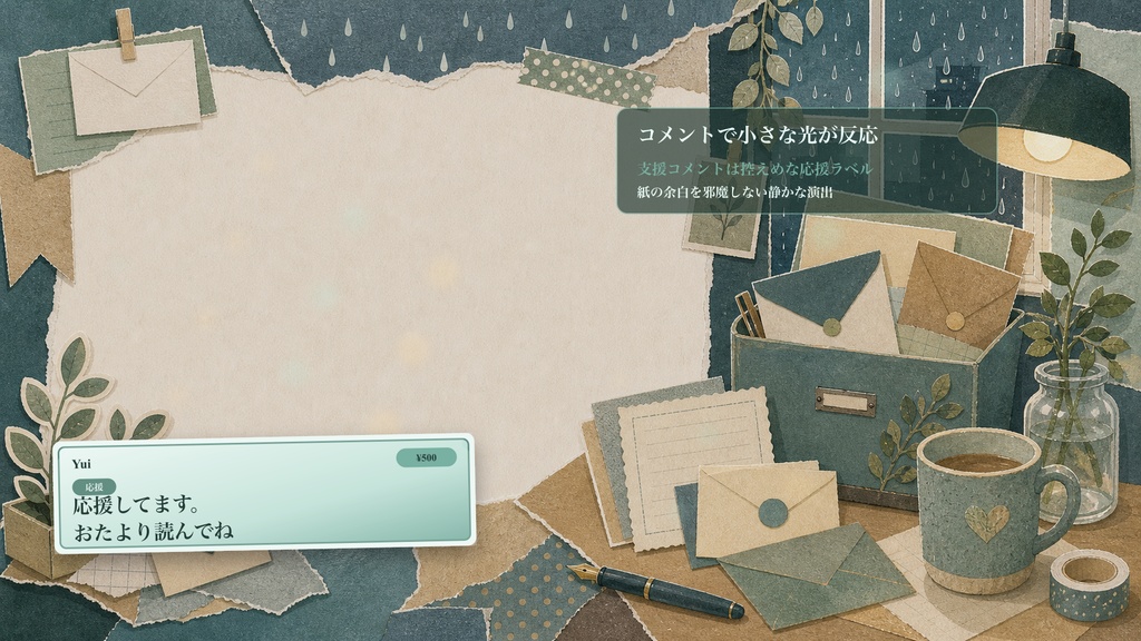 切り貼りコラージュの雨の日おたより角コメントオーバーレイ|OBS・わんコメ対応テンプレート