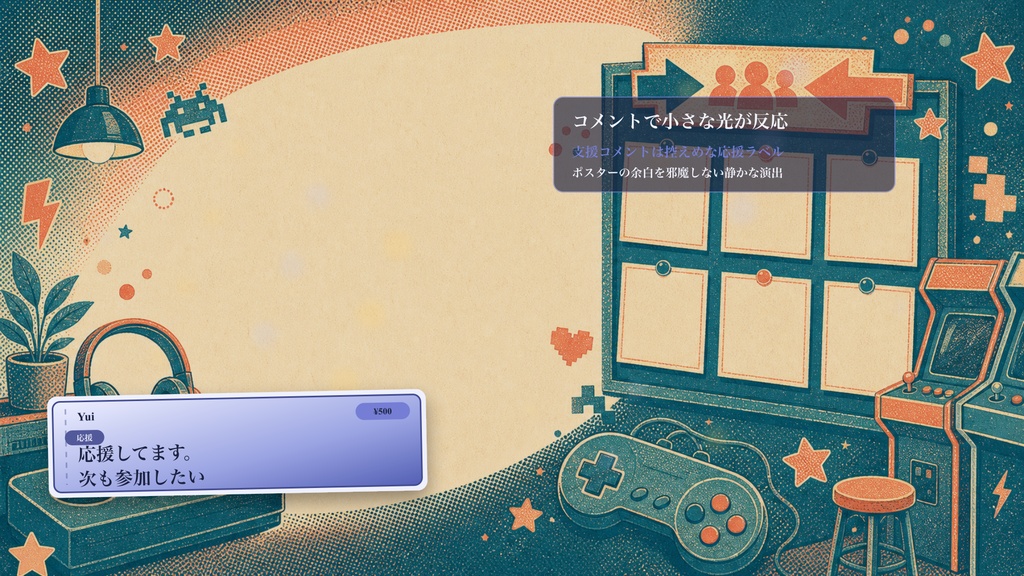 リソグラフの参加型アーケードボードコメントオーバーレイ|OBS・わんコメ対応テンプレート